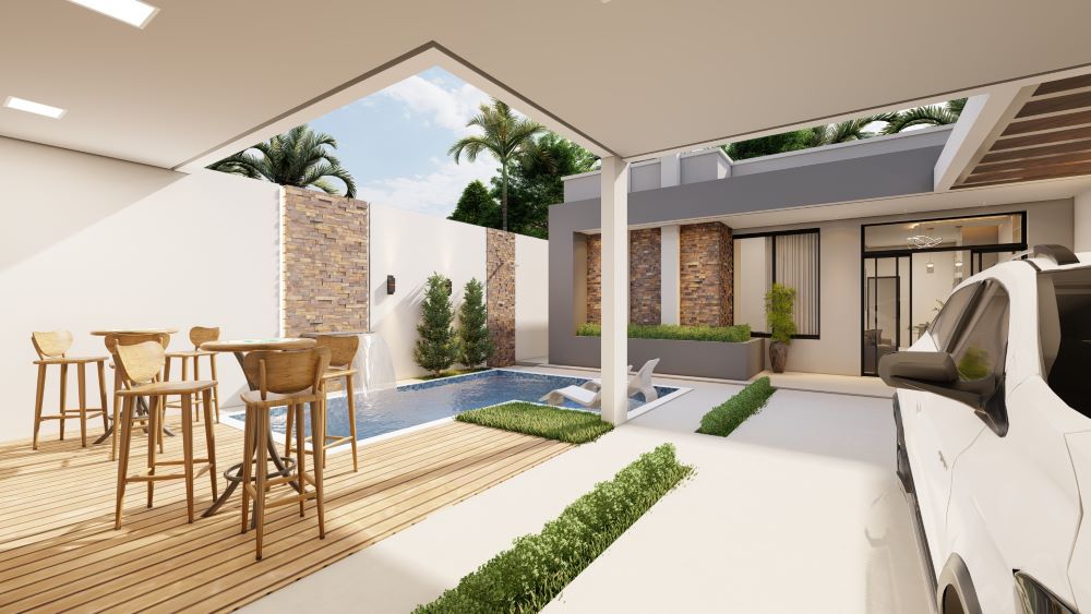 Planta de casa térrea em terreno de 9x20 metros com três quartos