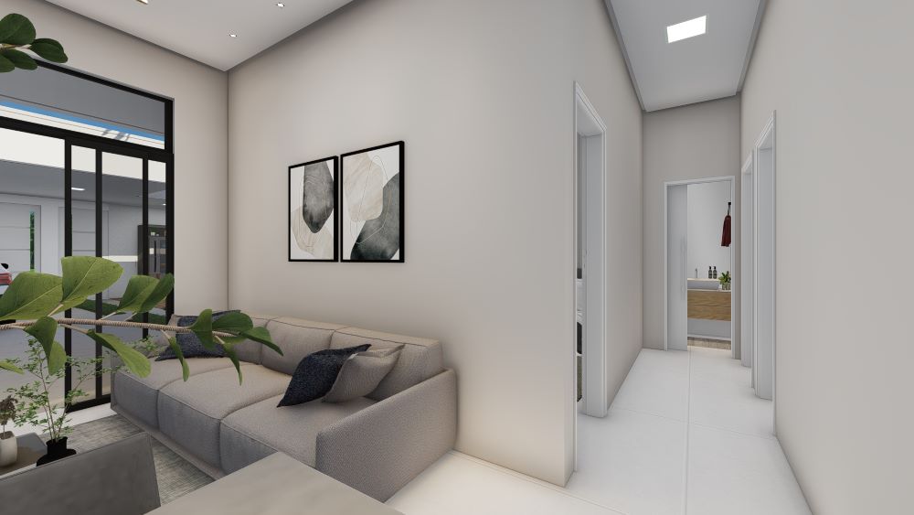 Planta de casa térrea em terreno de 9x20 metros com três quartos
