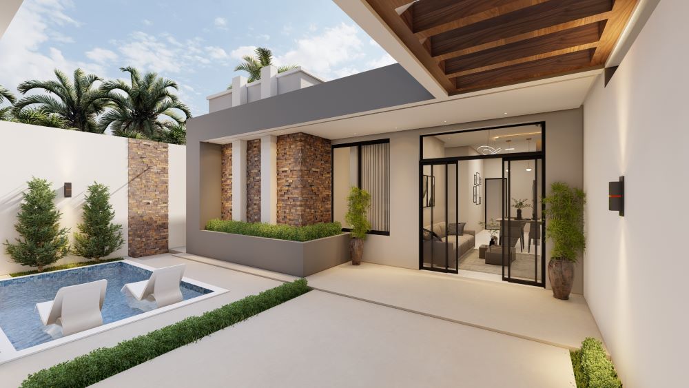 Planta de casa térrea em terreno de 9x20 metros com três quartos
