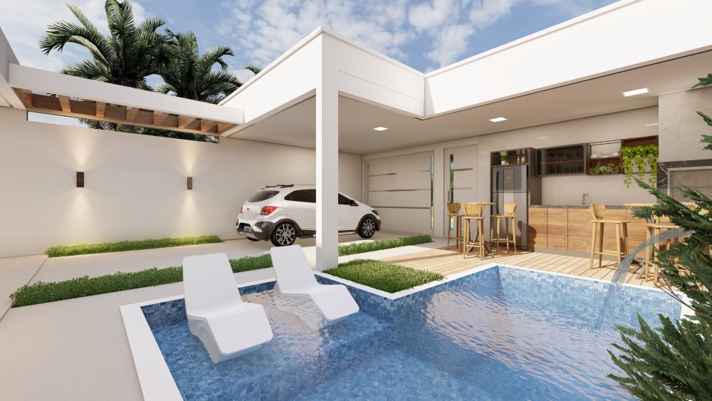 Planta de casa térrea em terreno de 9x20 metros com três quartos