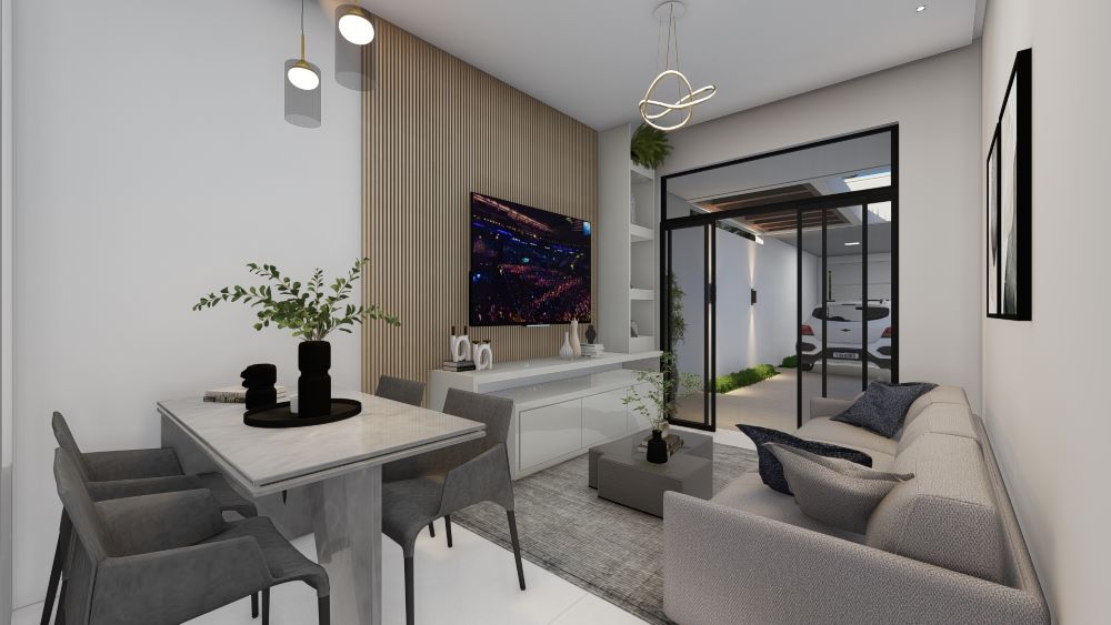 Planta de casa térrea em terreno de 9x20 metros com três quartos