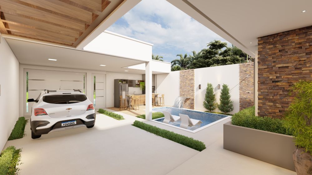 Planta de casa térrea em terreno de 9x20 metros com três quartos
