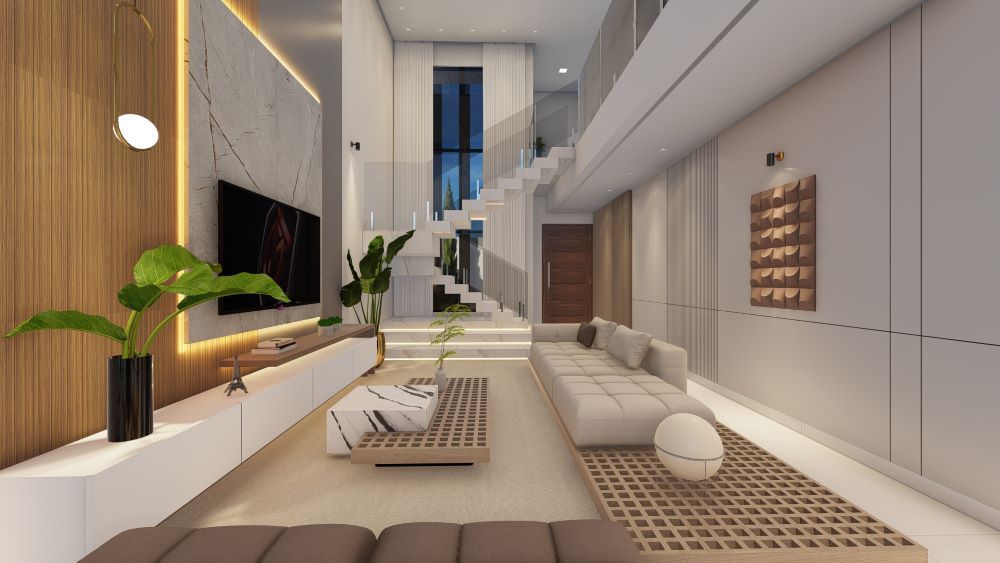 Projeto em terreno de 12x30 metros com três quartos e piscina