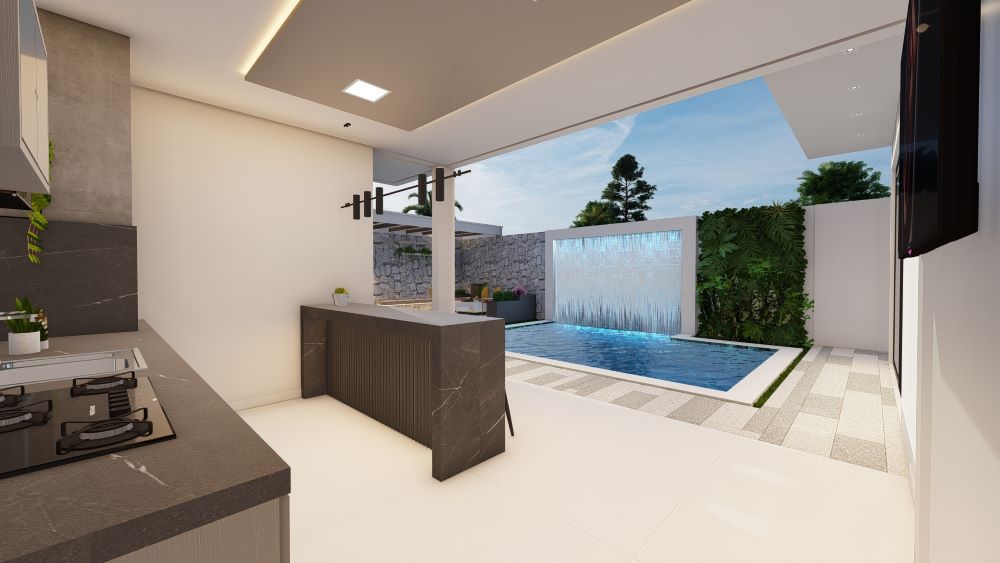 Projeto em terreno de 12x30 metros com três quartos e piscina