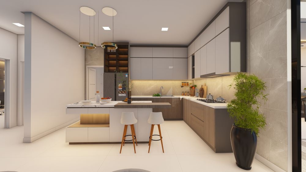 Projeto em terreno de 12x30 metros com três quartos e piscina