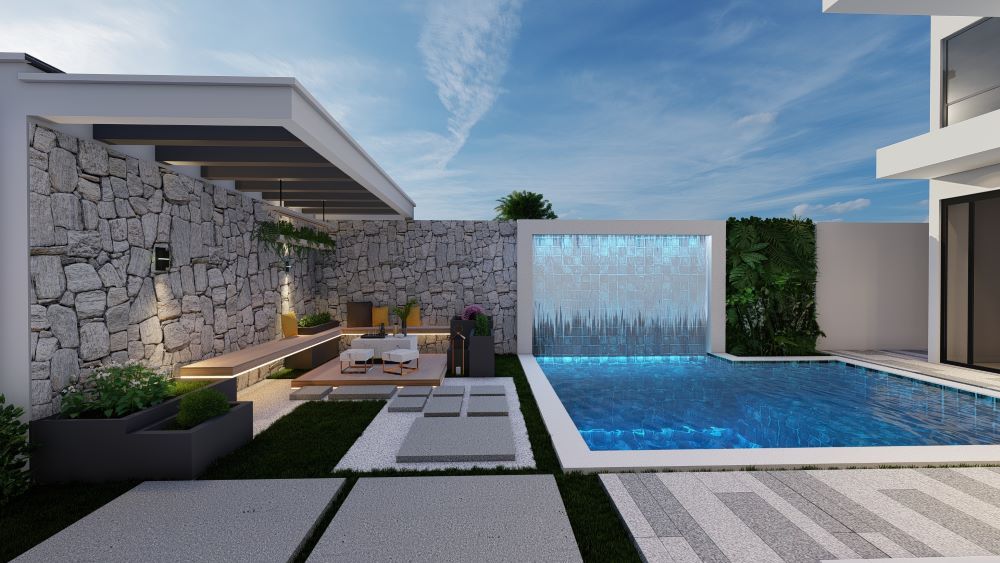 Projeto em terreno de 12x30 metros com três quartos e piscina