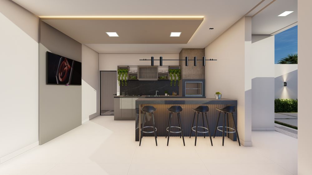 Projeto em terreno de 12x30 metros com três quartos e piscina