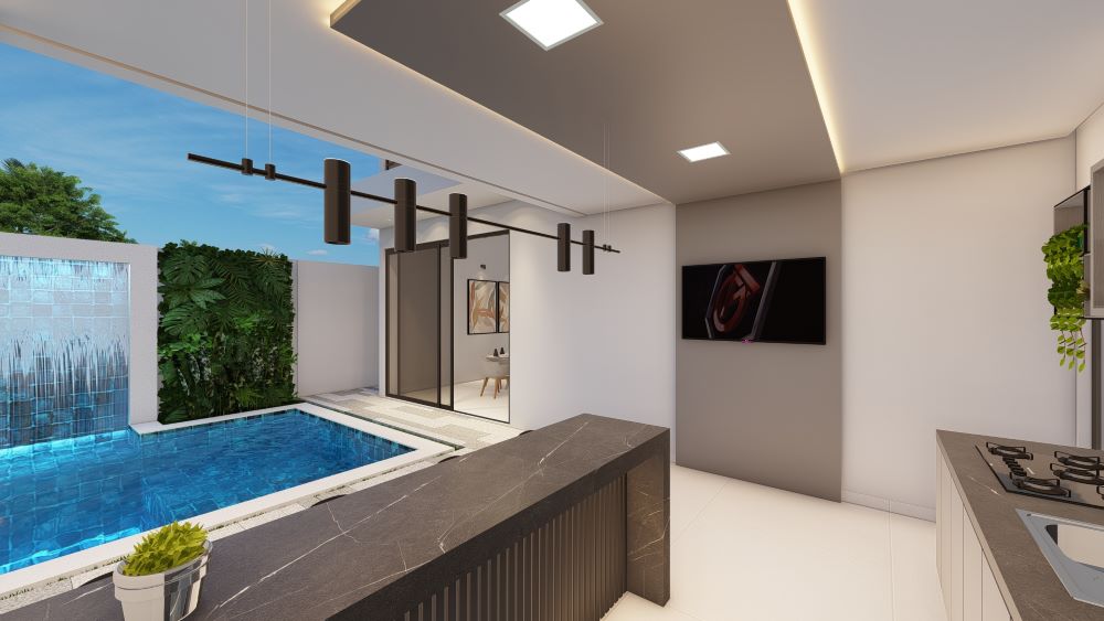 Projeto em terreno de 12x30 metros com três quartos e piscina