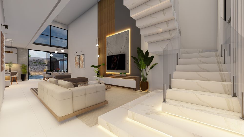 Projeto em terreno de 12x30 metros com três quartos e piscina