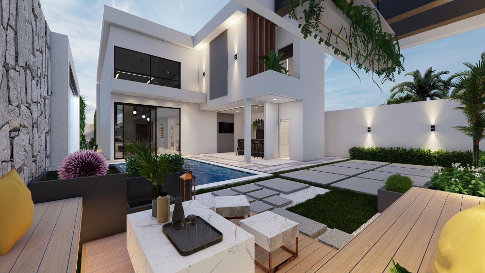 Projeto em terreno de 12x30 metros com três quartos e piscina