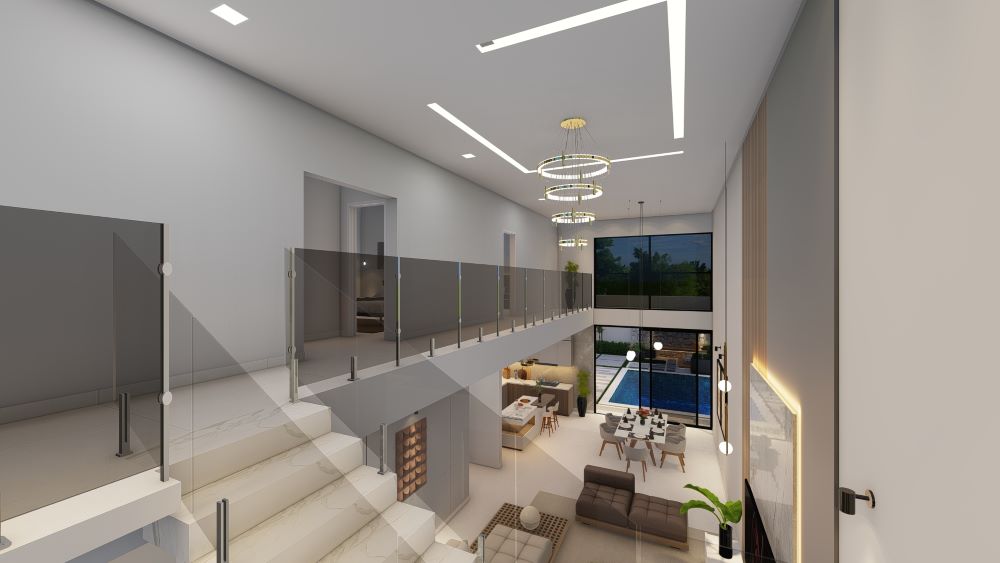 Projeto em terreno de 12x30 metros com três quartos e piscina