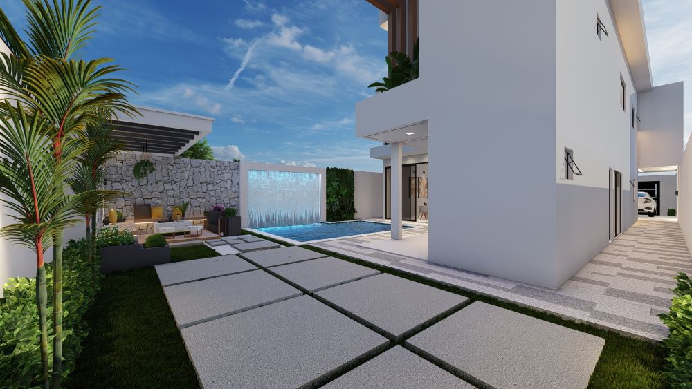 Projeto em terreno de 12x30 metros com três quartos e piscina