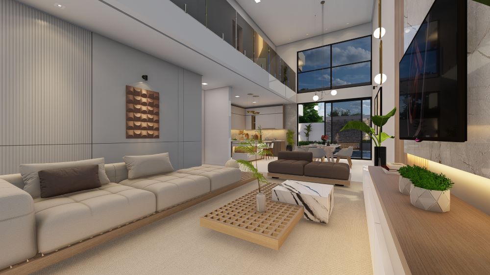 Projeto em terreno de 12x30 metros com três quartos e piscina