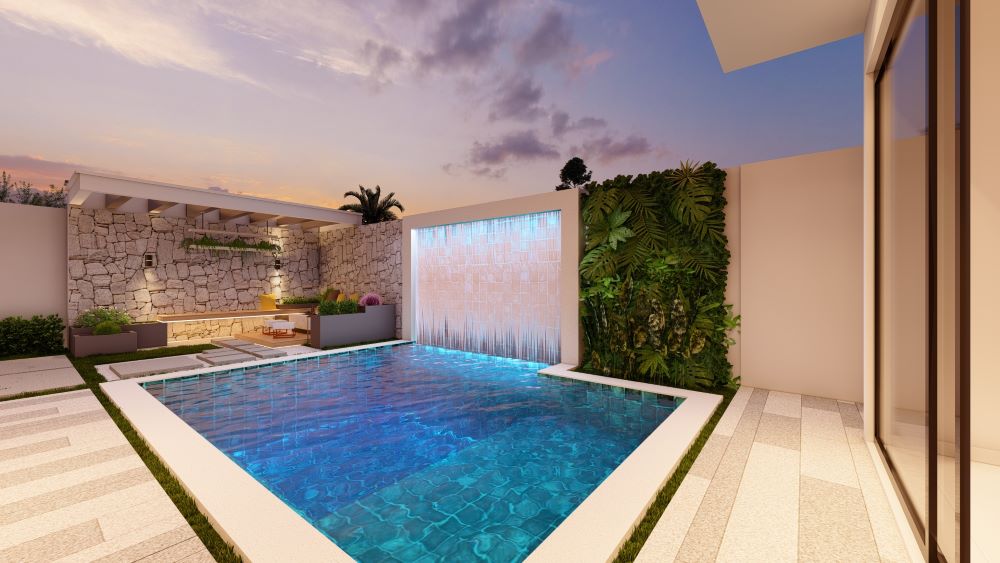 Projeto em terreno de 12x30 metros com três quartos e piscina