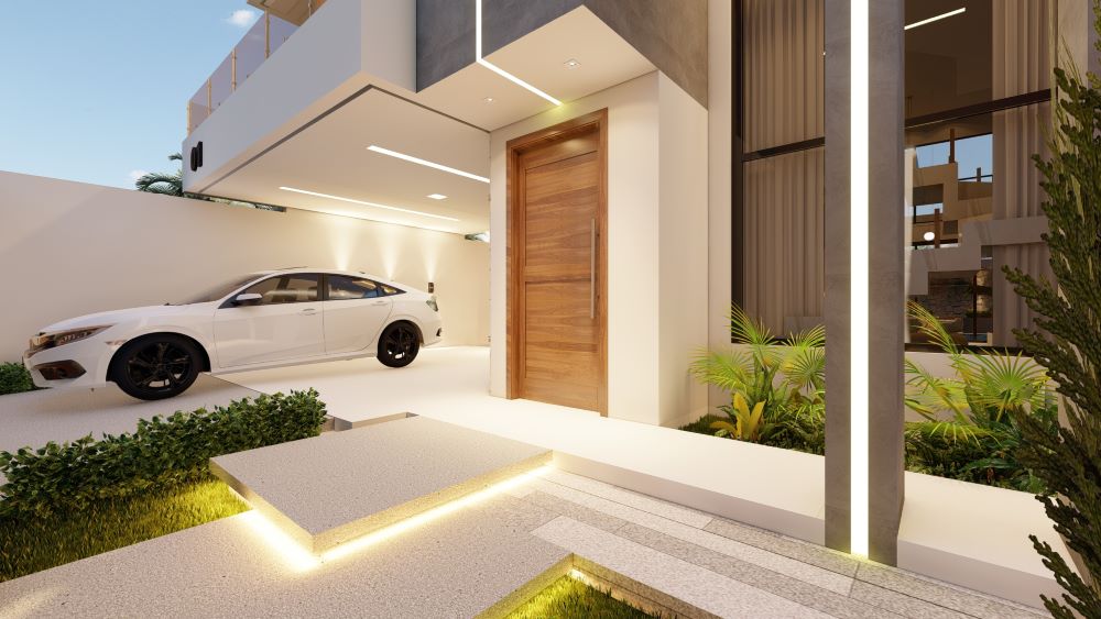 Projeto em terreno de 12x30 metros com três quartos e piscina